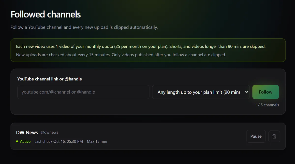 Katto followed channels page with a YouTube channel added and a 15-minute length cap