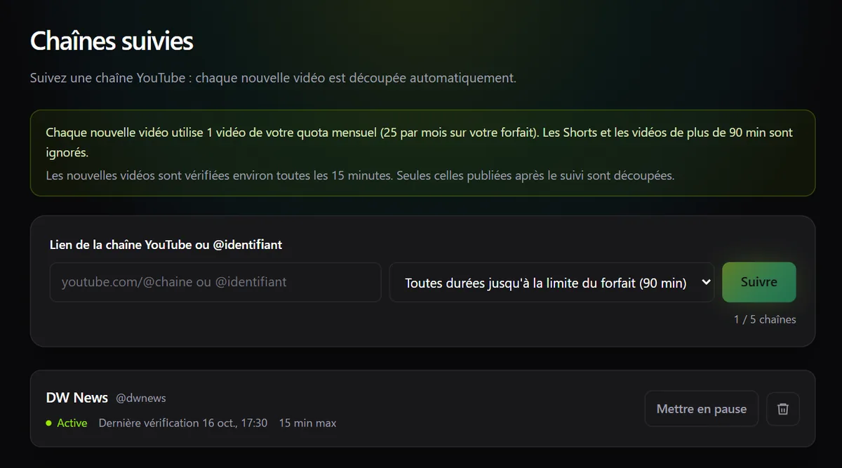 Page des chaînes suivies de Katto avec une chaîne YouTube ajoutée et une durée maximale de 15 minutes