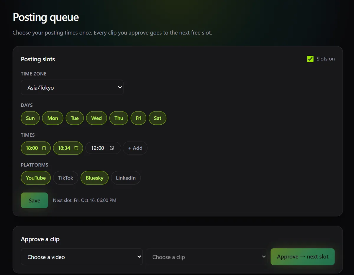 Katto posting queue with timezone, days, times and platforms
