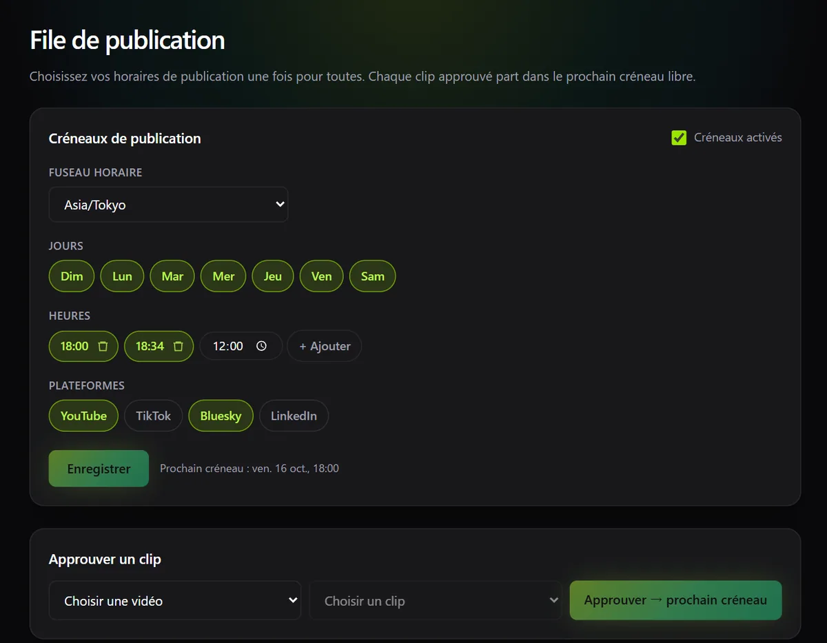 File de publication de Katto avec fuseau horaire, jours, heures et plateformes