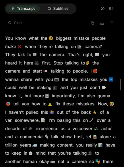 Katto editor: the transcript panel of a clip, with find, copy and download buttons and emojis placed on words
